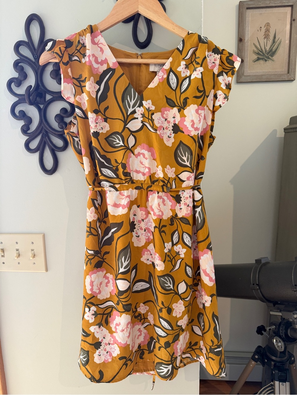 LOFT Mustard Floral V-Neck Cap Sleeve Mini Dress